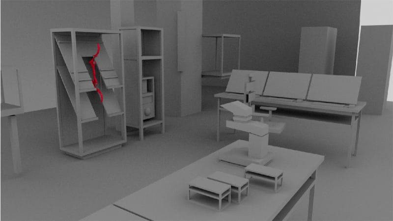 A 3D scene with simplified shapes prototyping the project.