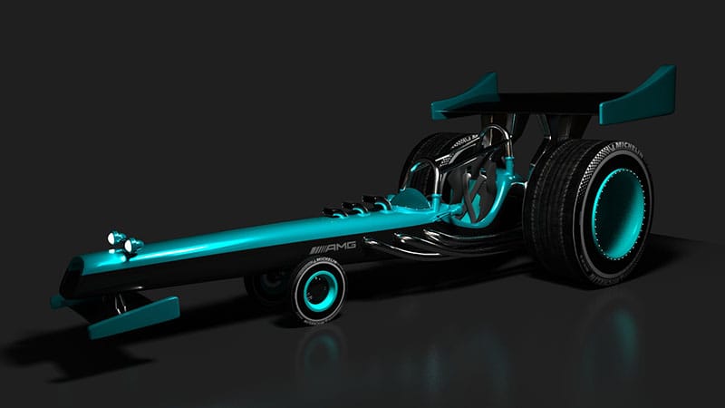 Blue and black 3D dragster with "AMG" written on the body.