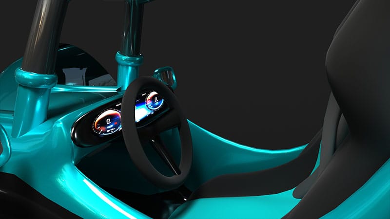 Blue and black dragster with dashboard, steering wheel, and digital screen.