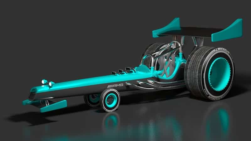 Blue and black 3D dragster with "AMG" written on it. Visible front and rear spoilers.