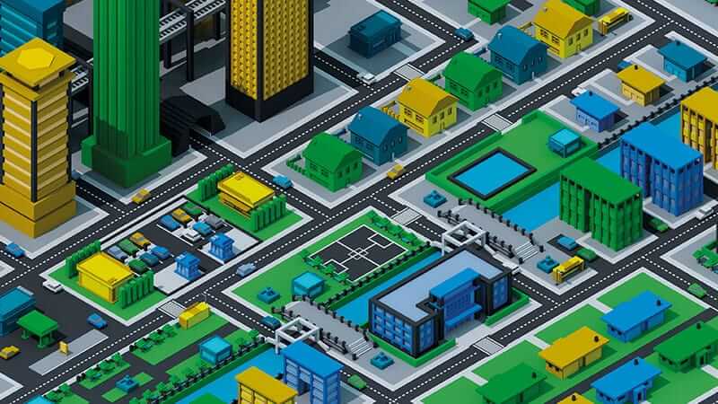 Ville 3D isom&eacute;trique avec bâtiments verts, jaunes, bleus et gris. Scène en 3D.