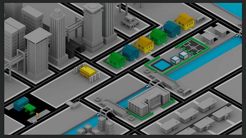 Ville en 3D isom&eacute;trique avec bâtiments et immeubles gris.