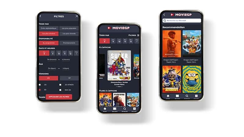 A cinema app with a homepage, content filter, and search.