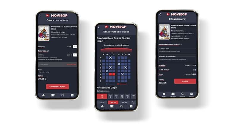 3 phone screens display a cinema app with seat selection and booking options.