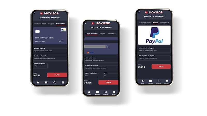 3 phone screens show a cinema app with payment options.