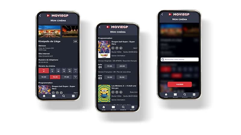 3 phone screens display a cinema app with a "My Favorites" section.