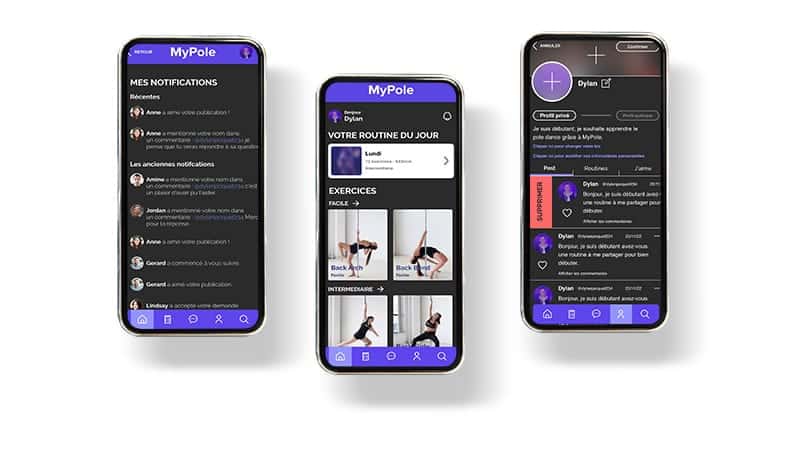 Pole Dance learning app, notifications, and profile.